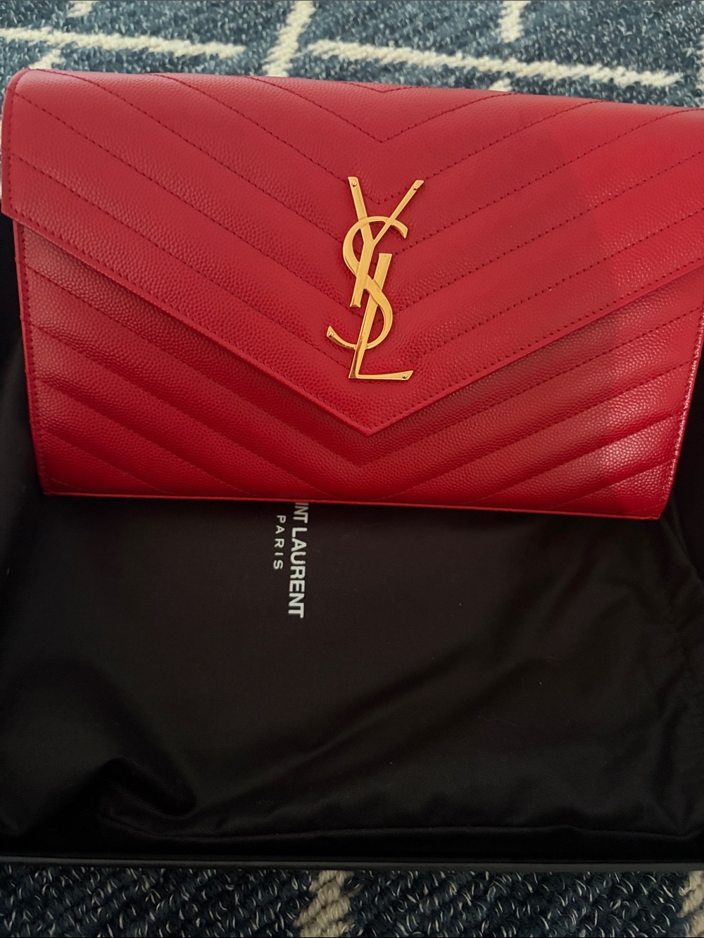 New Saint Laurent Red Quilted Envelope Clutch with Gold YSL Logo